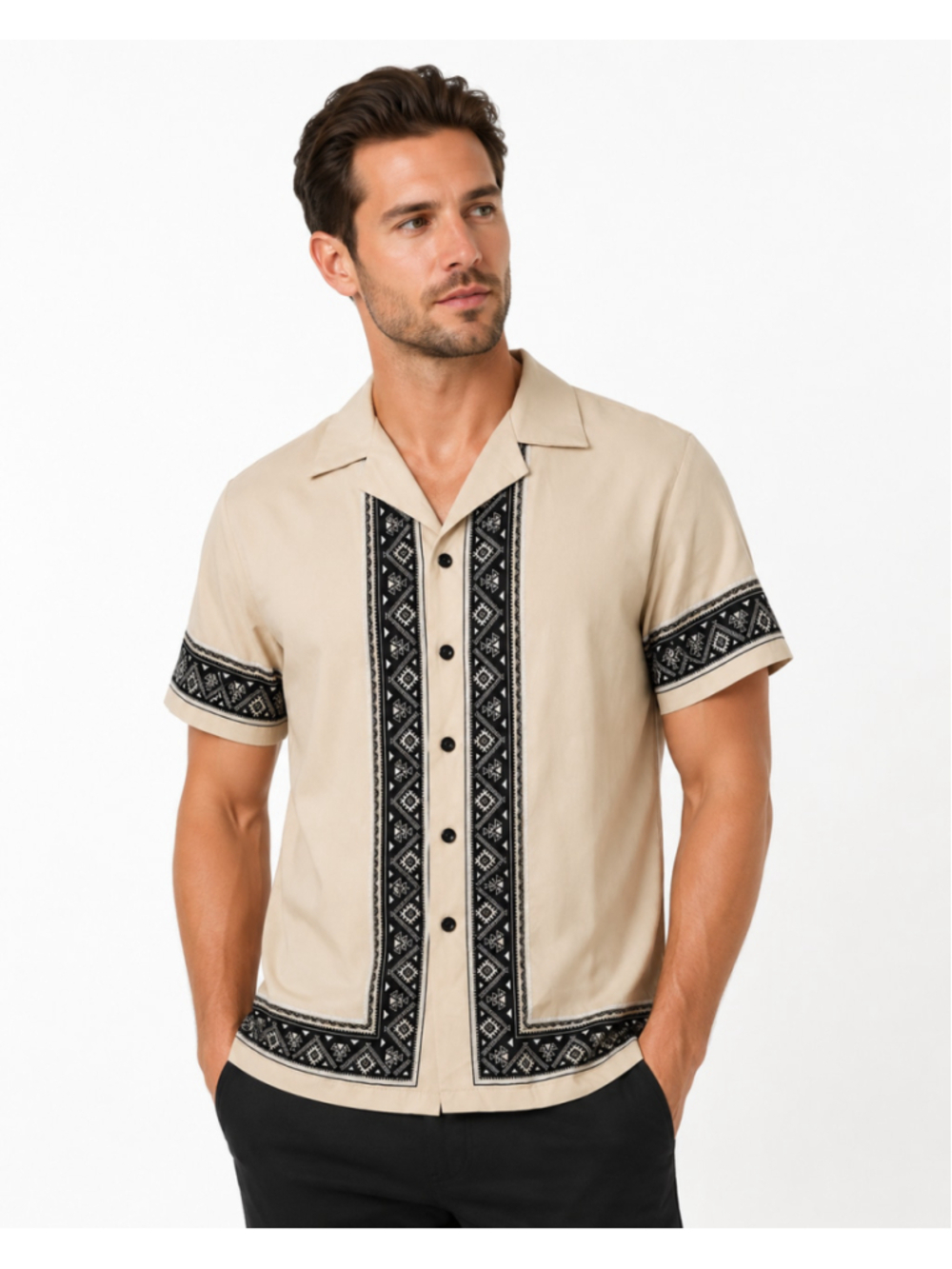 Shein Men's Size Small Beige and Black Button-Down Shirt with Tribal Print NWT